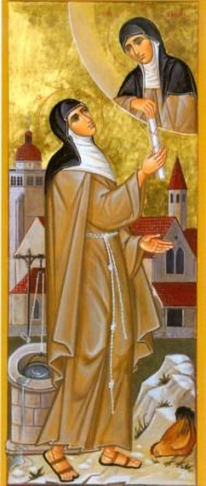 St. Colette receives the Rule of Life from St. Clare